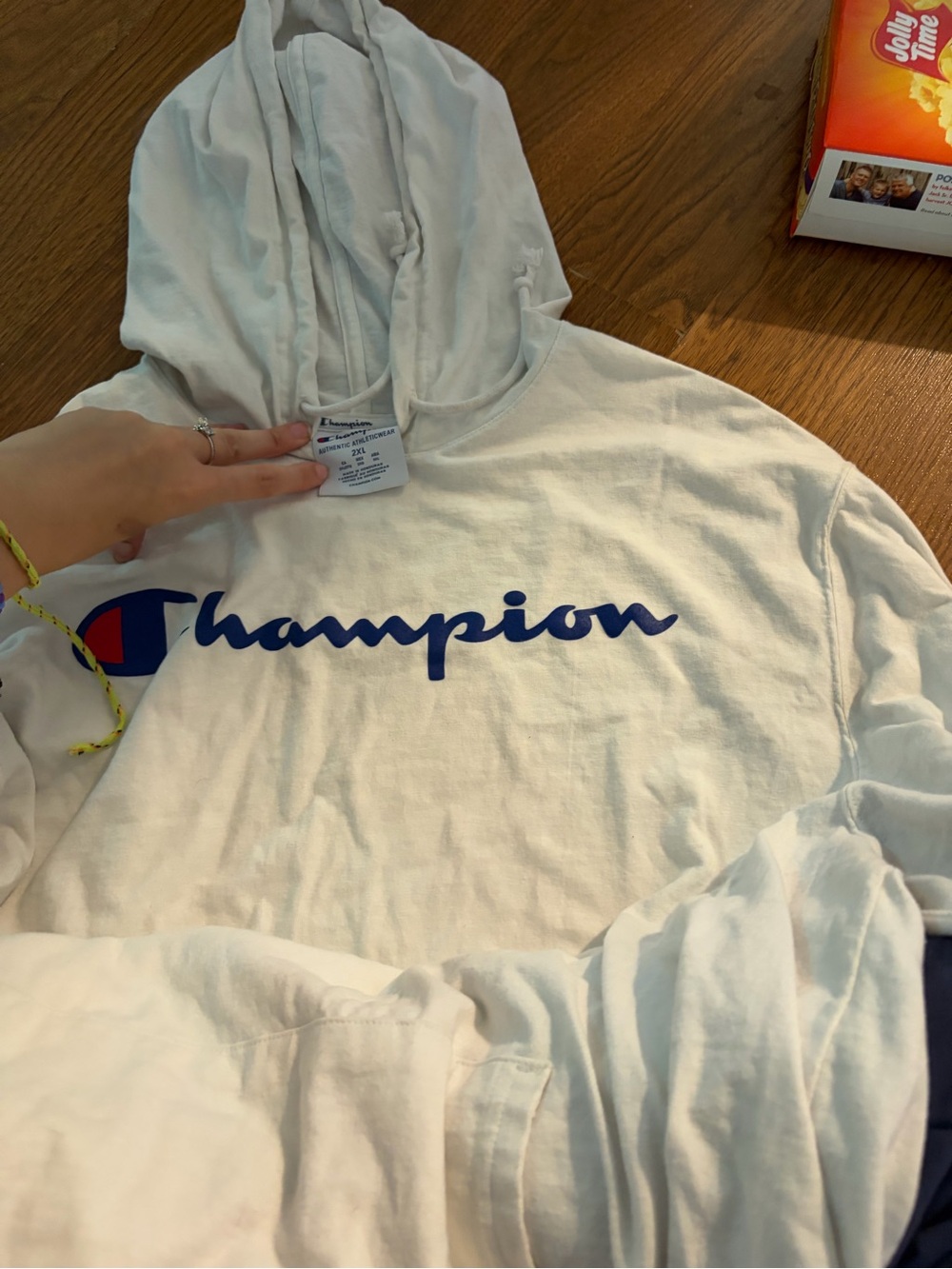 Champion White Pullover Hoodie with Navy Script Logo